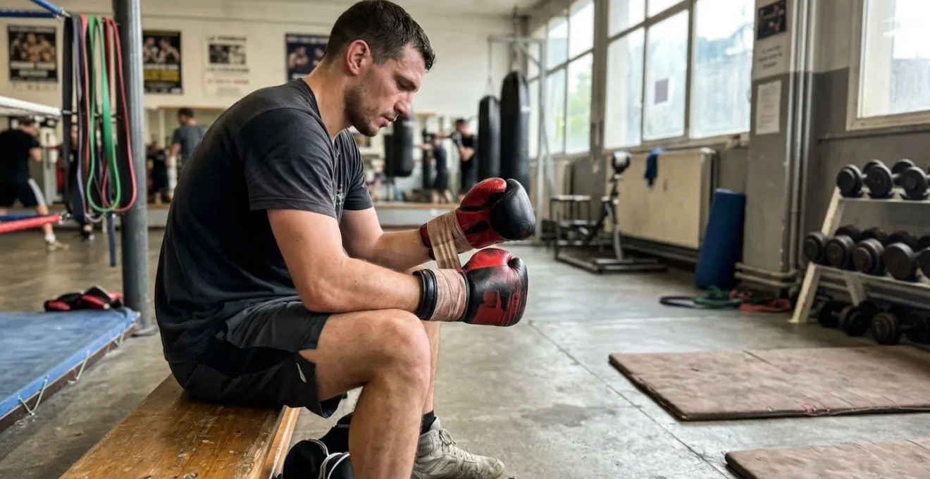 Un boxeur enroule des bandelettes autour de sa main en préparation d'un entraînement dans une salle de sport contemporaine