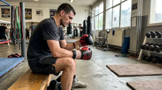 Un boxeur enroule des bandelettes autour de sa main en préparation d'un entraînement dans une salle de sport contemporaine