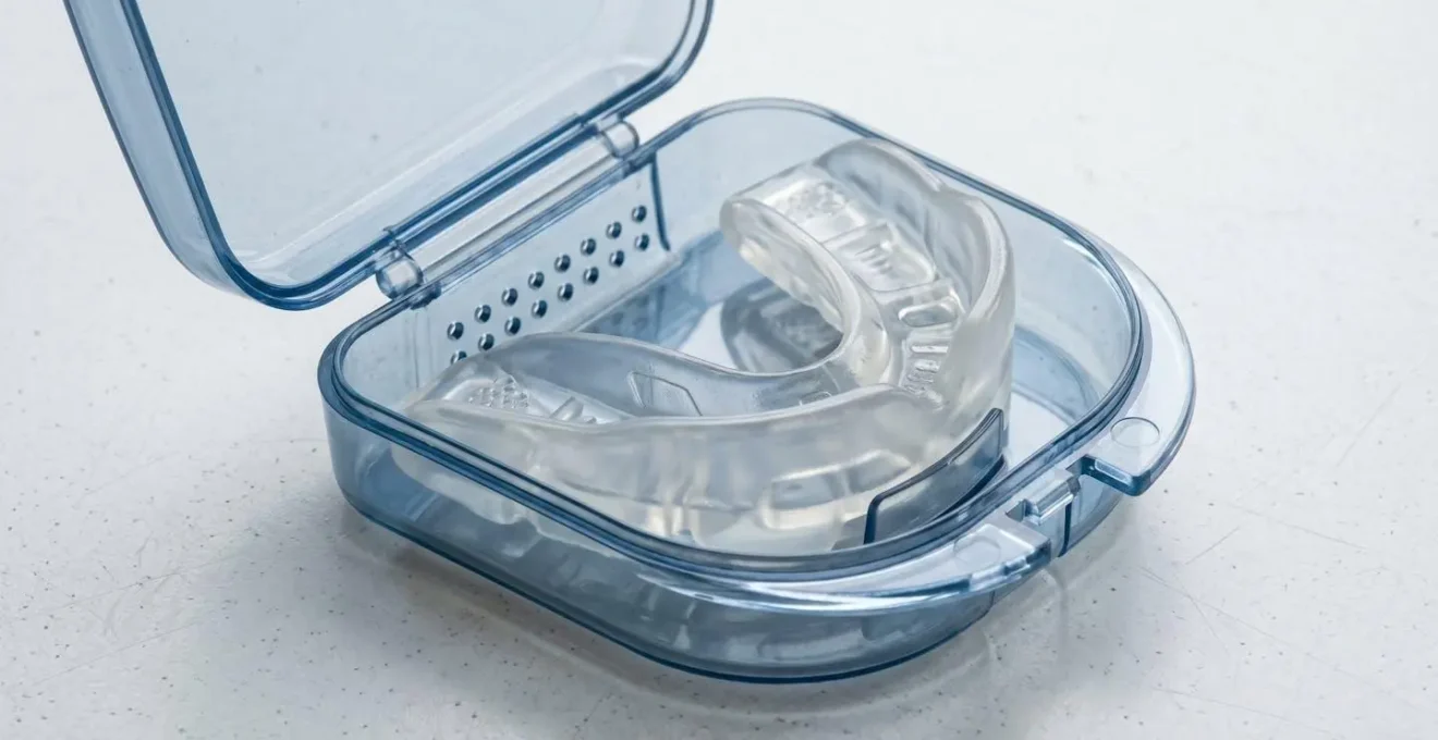 Un protège-dents thermoformable transparent rangé dans son boîtier de protection hygiénique avec aérations visibles